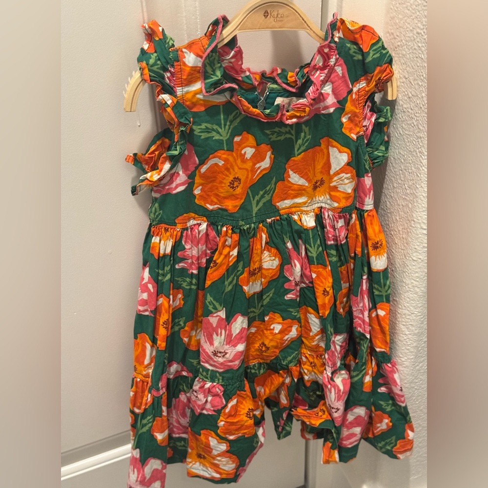 Pink Chicken Green Floral Ruffled Girls Dress with Orange and Pink Blooms